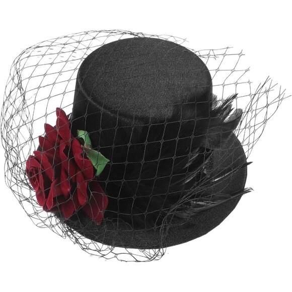 Mini Black Victorian Top Hat Satin Red Rose Veil Women Accessories - Picture 1 of 9